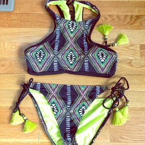 Women’s M/L Black & Neon Yellow Halter Top Bikini